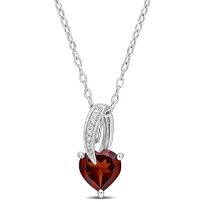 1 3/8 CT TGW Heart Shape Garnet and Diamond Accent Drop Pendant with Chain in Sterling Silver