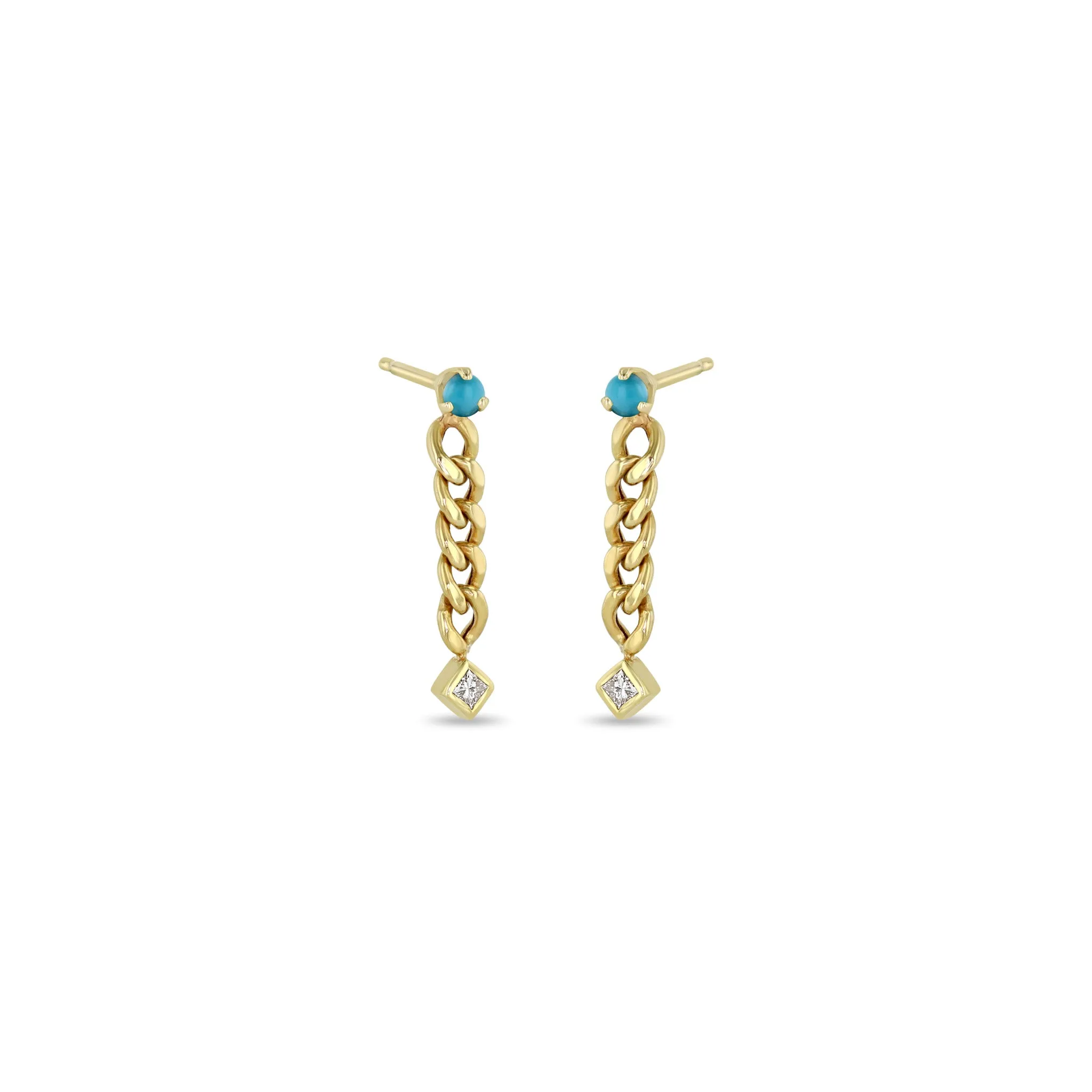 14k Prong Turquoise & Princess Diamond Small Curb Chain Drop Earrings