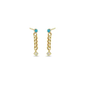 14k Prong Turquoise & Princess Diamond Small Curb Chain Drop Earrings