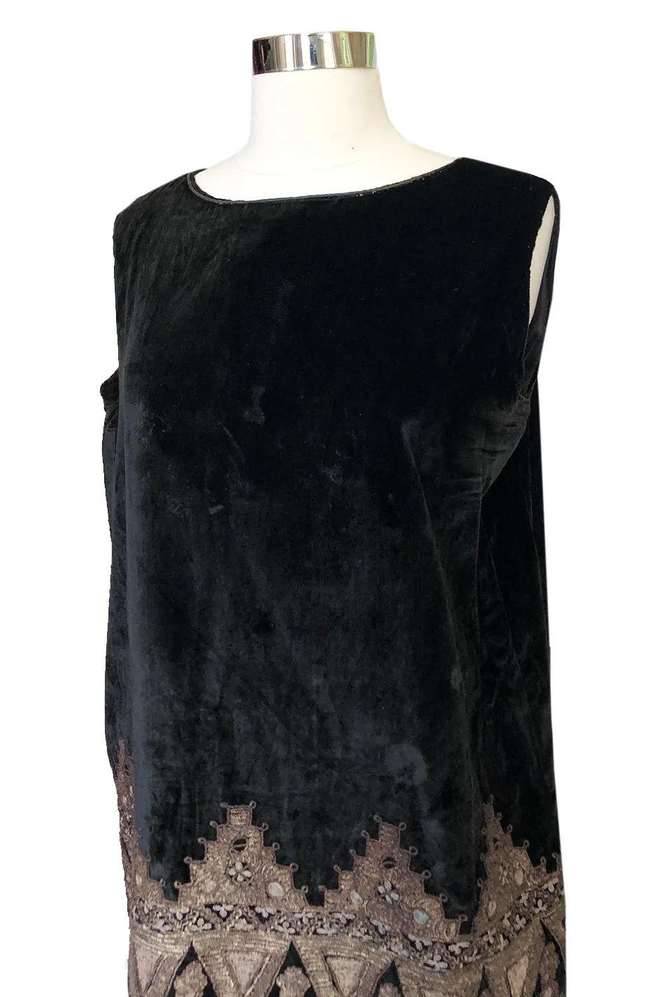 1920s Babani Haute Couture Silk Velvet w Geometric Gold Metallic Cord Dress