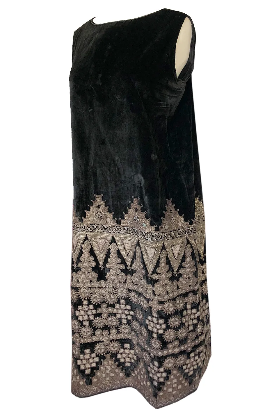 1920s Babani Haute Couture Silk Velvet w Geometric Gold Metallic Cord Dress