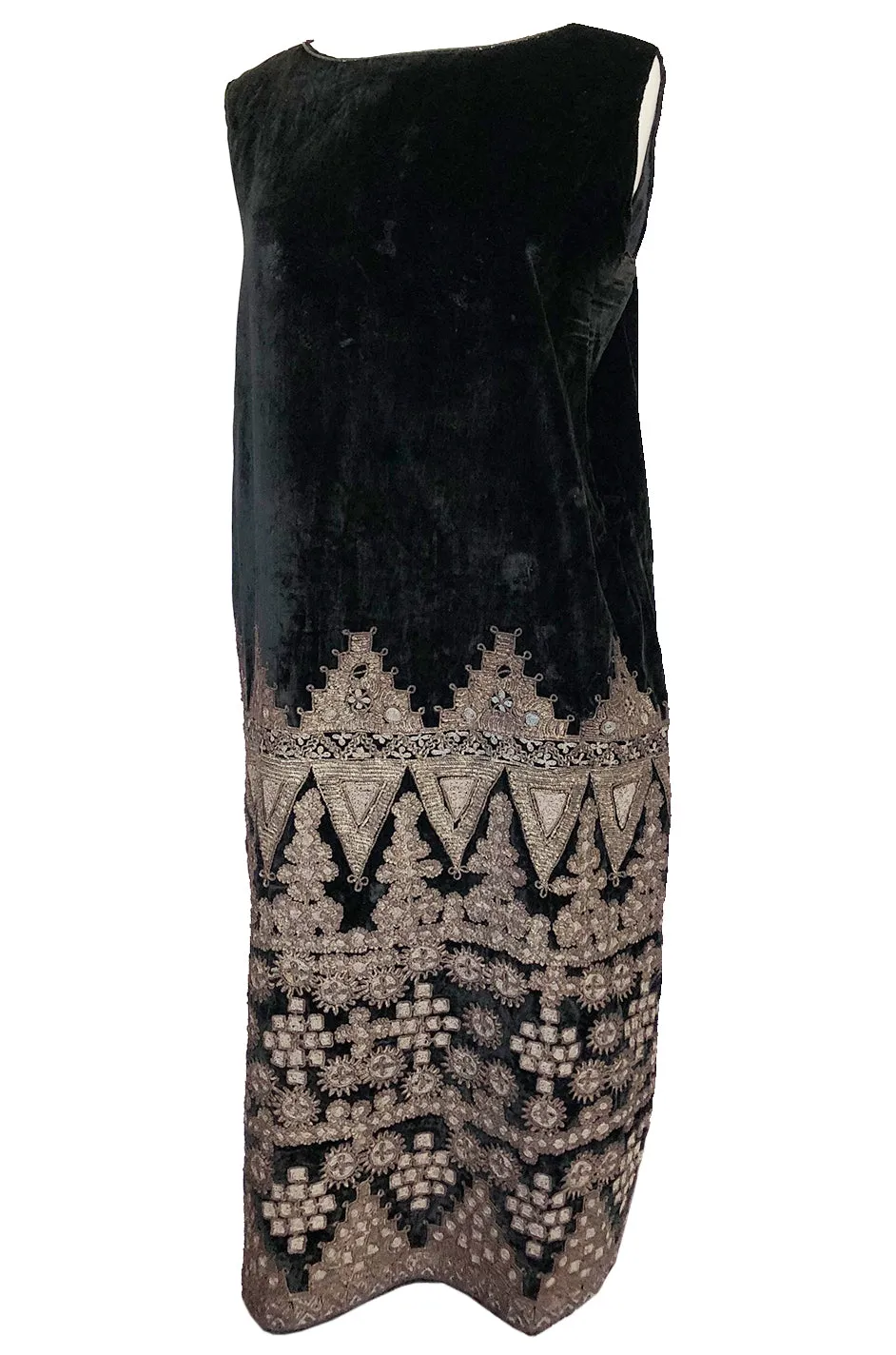 1920s Babani Haute Couture Silk Velvet w Geometric Gold Metallic Cord Dress