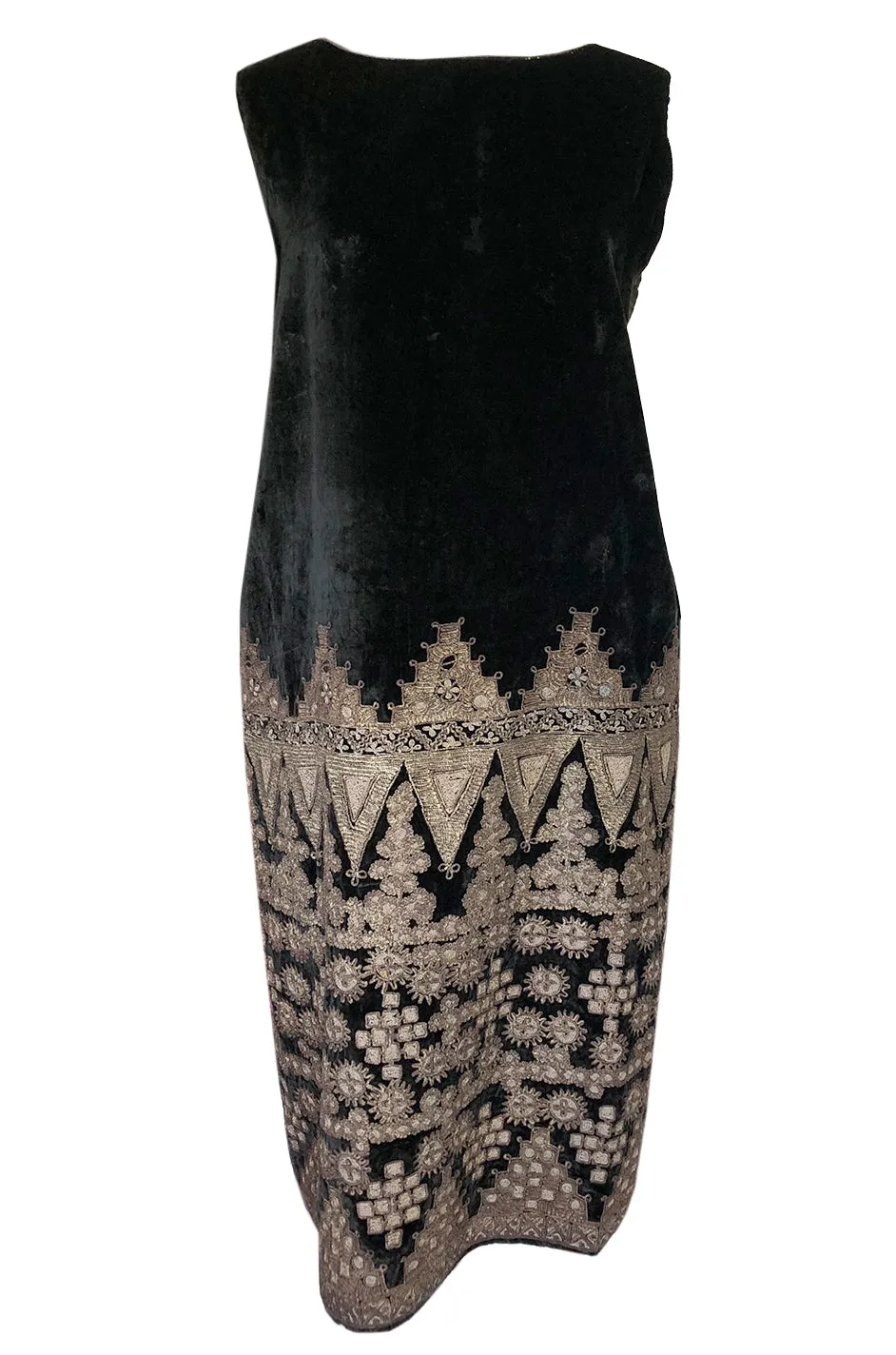 1920s Babani Haute Couture Silk Velvet w Geometric Gold Metallic Cord Dress