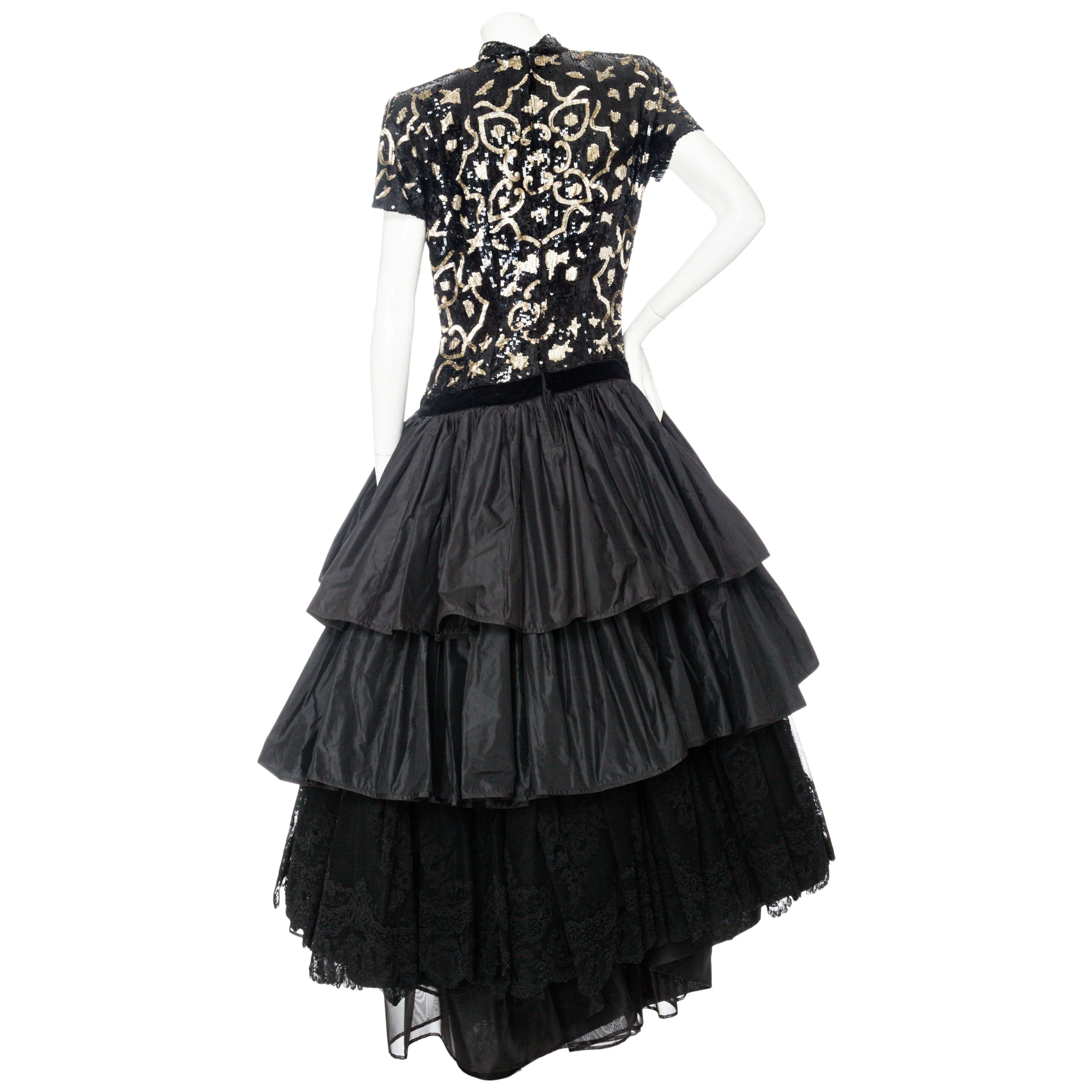 1980s Sequined Black and Gold Tiered Taffeta and Lace Dress