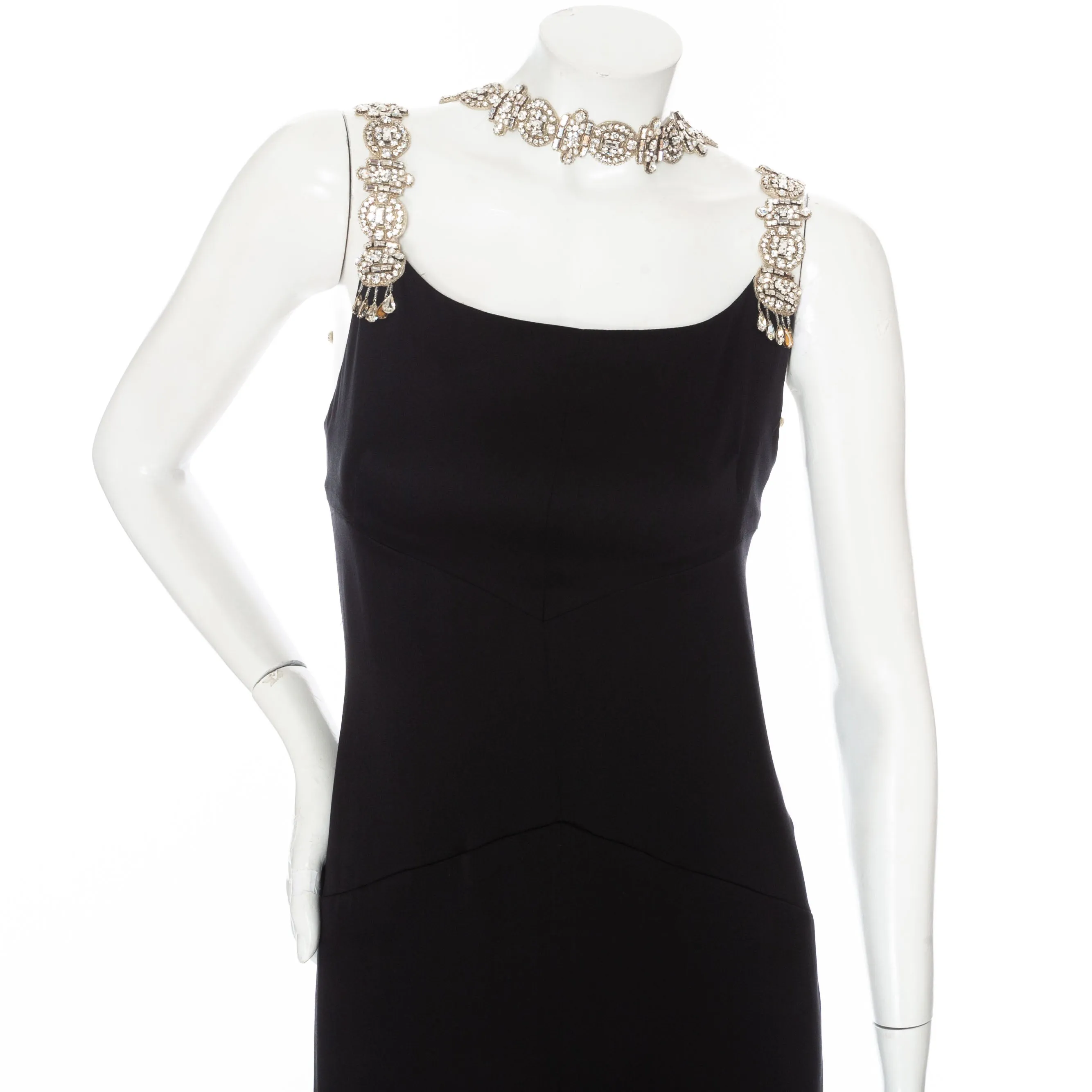 2004 Black Silk and Crystal Strap Halter-Neck Sheath Dress