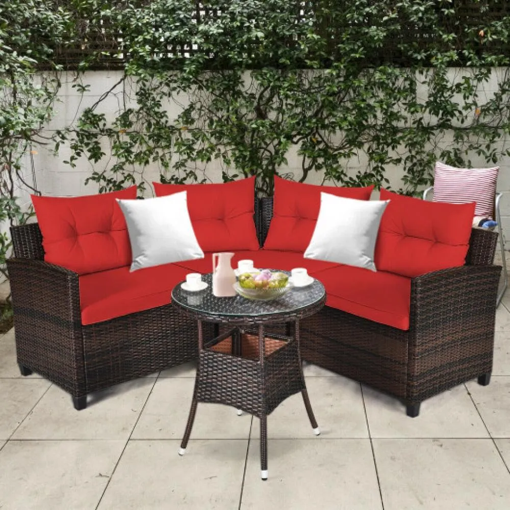 4 Pieces Outdoor Cushioned Rattan Furniture Set-Black