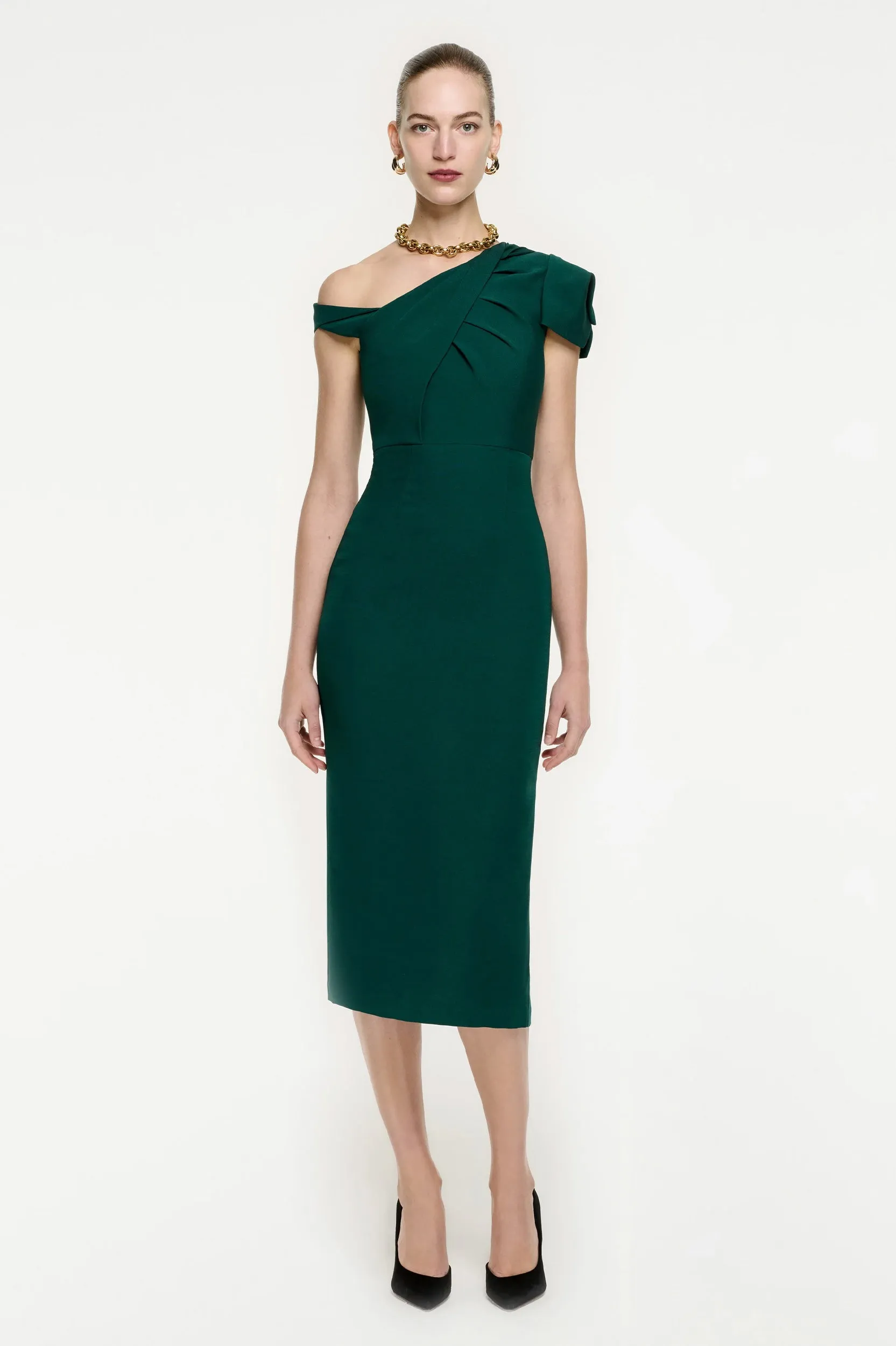 Asymmetric Wool Silk Midi Dress in Green