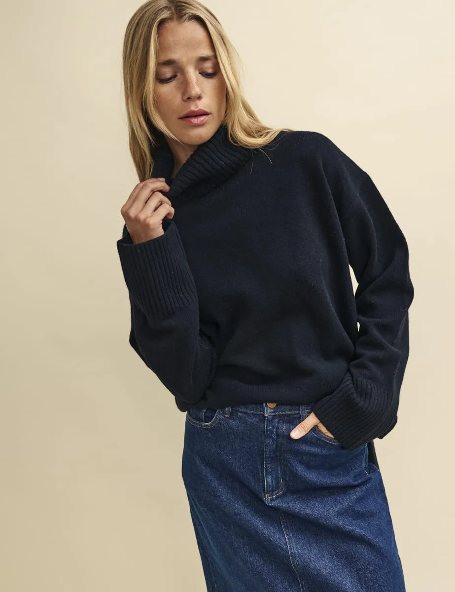 Black Oversized Roll Neck Merino Wool Jumper