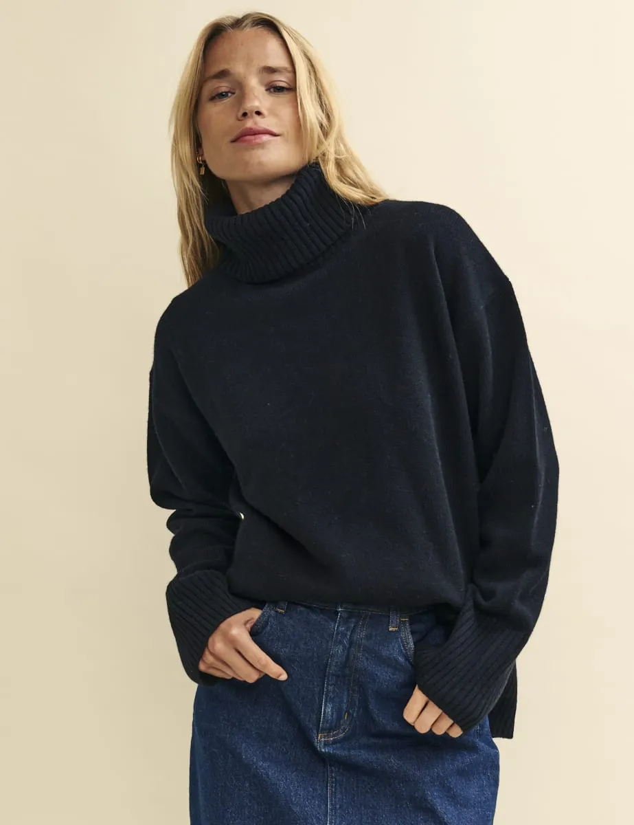 Black Oversized Roll Neck Merino Wool Jumper