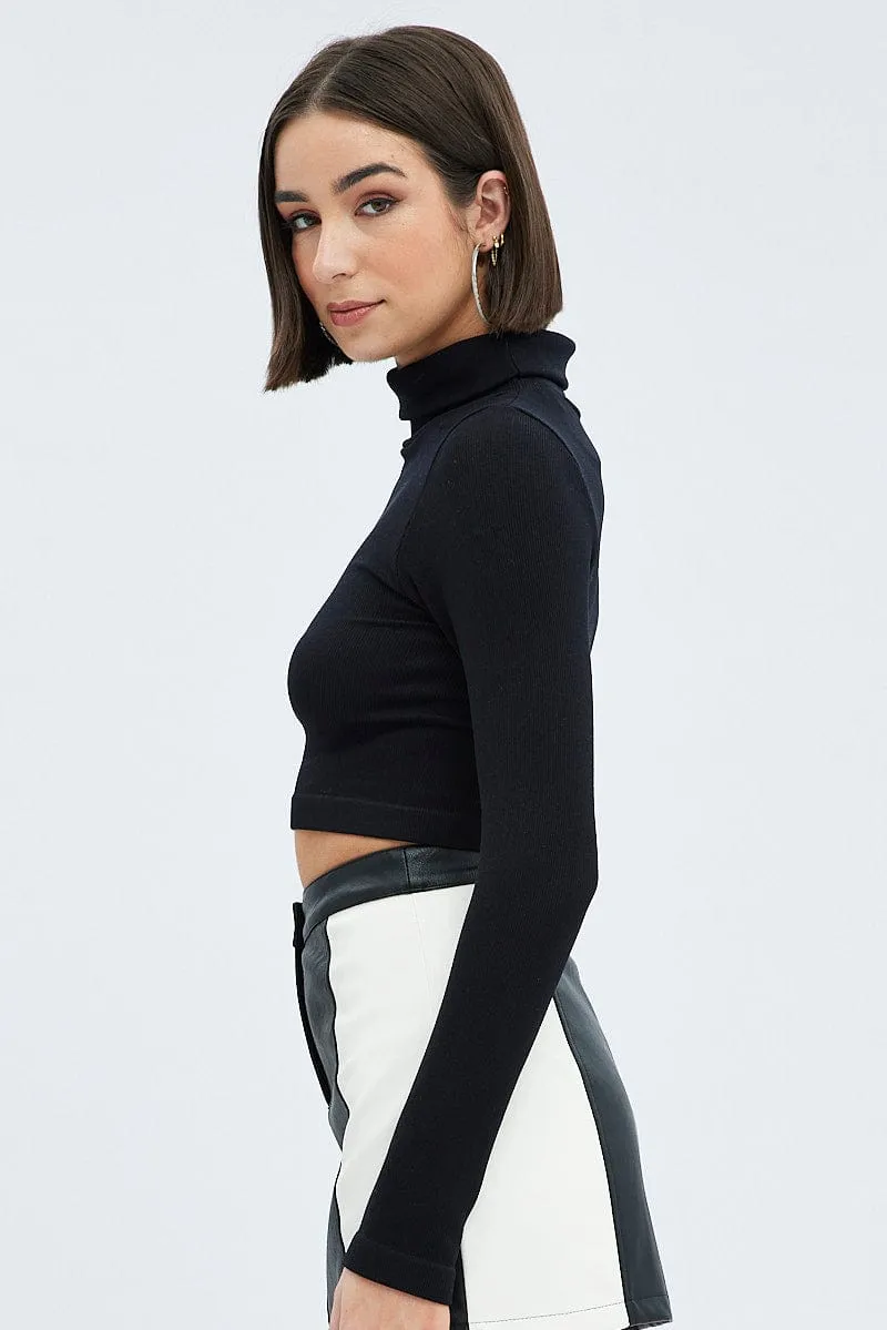 Black Top Long sleeve Roll up neck Seamless