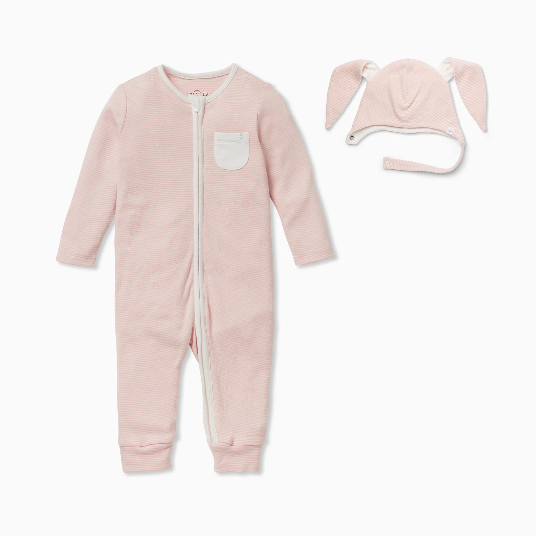 Blush Stripe Clever Zip Romper & Bunny Bonnet Set