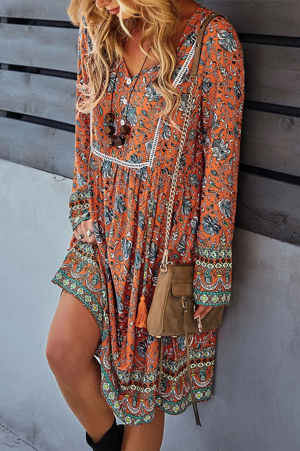 Bohemian Print V-Neck Knee Length Dress