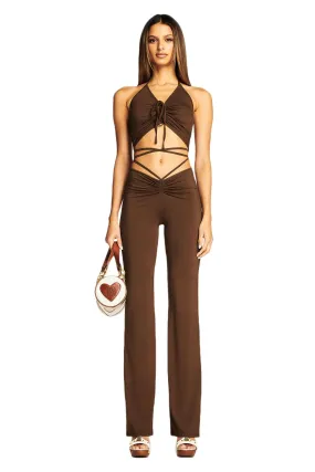 Brown Lace-Up Ruched Flare Pants & Halter Crop Top