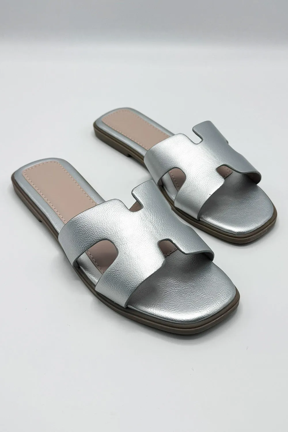 California Faux Leather Open Toe Flat Slider in Silver