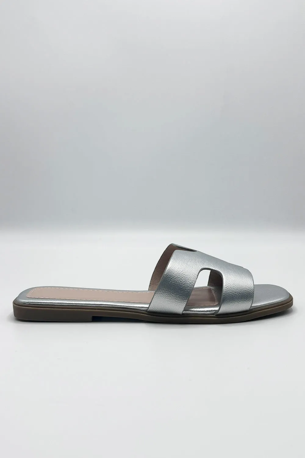 California Faux Leather Open Toe Flat Slider in Silver