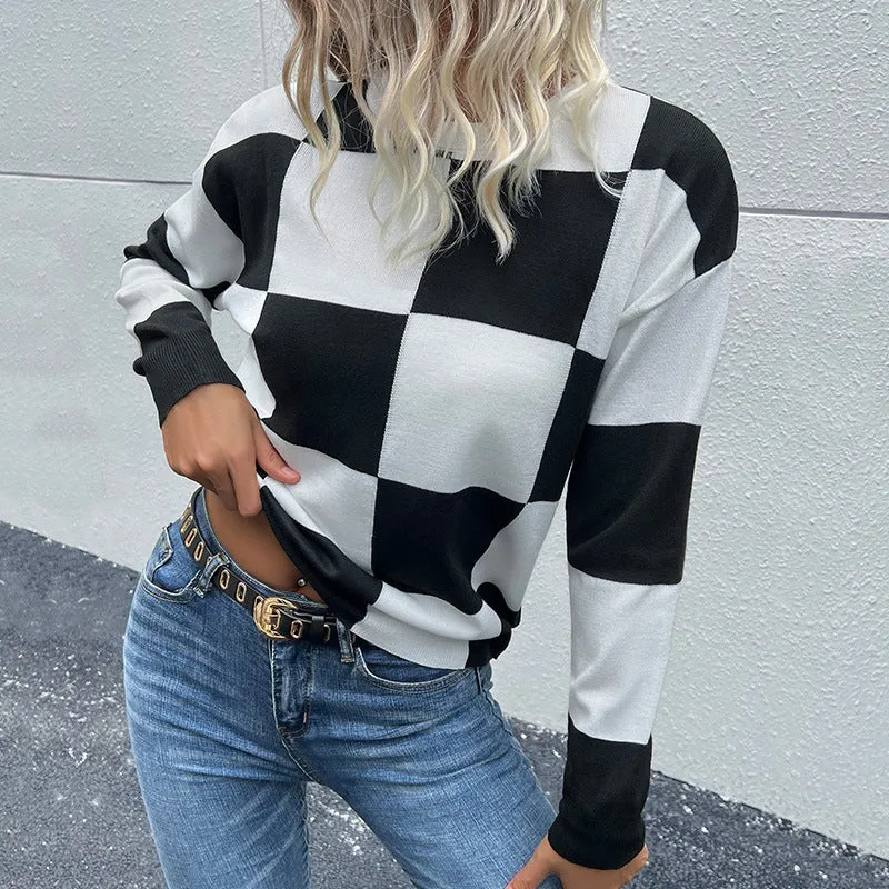 Checkered Drop Shoulder Knit Pullover