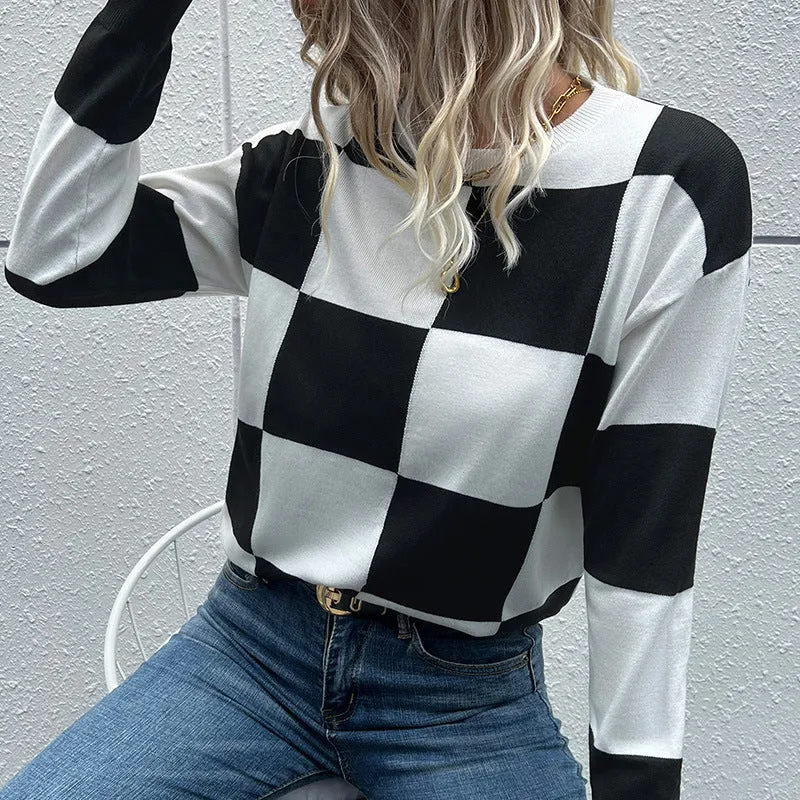 Checkered Drop Shoulder Knit Pullover