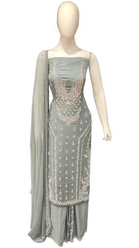 Chinon Unstitched Suit with Hand Work,Beads,Cutdana and Mirror Work with Stitched Sharara