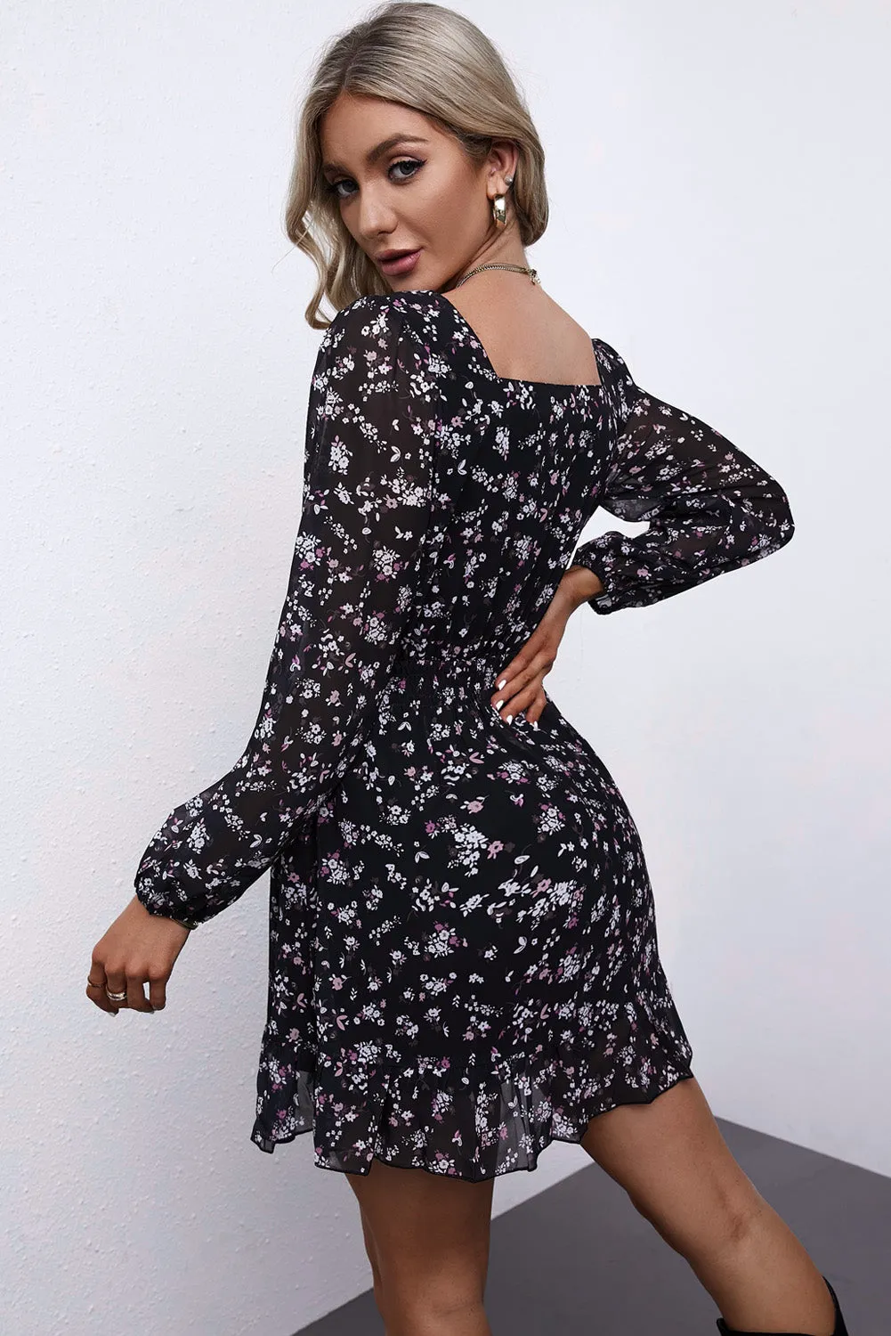 Classic Elastic Waist Ruffled Floral Dress