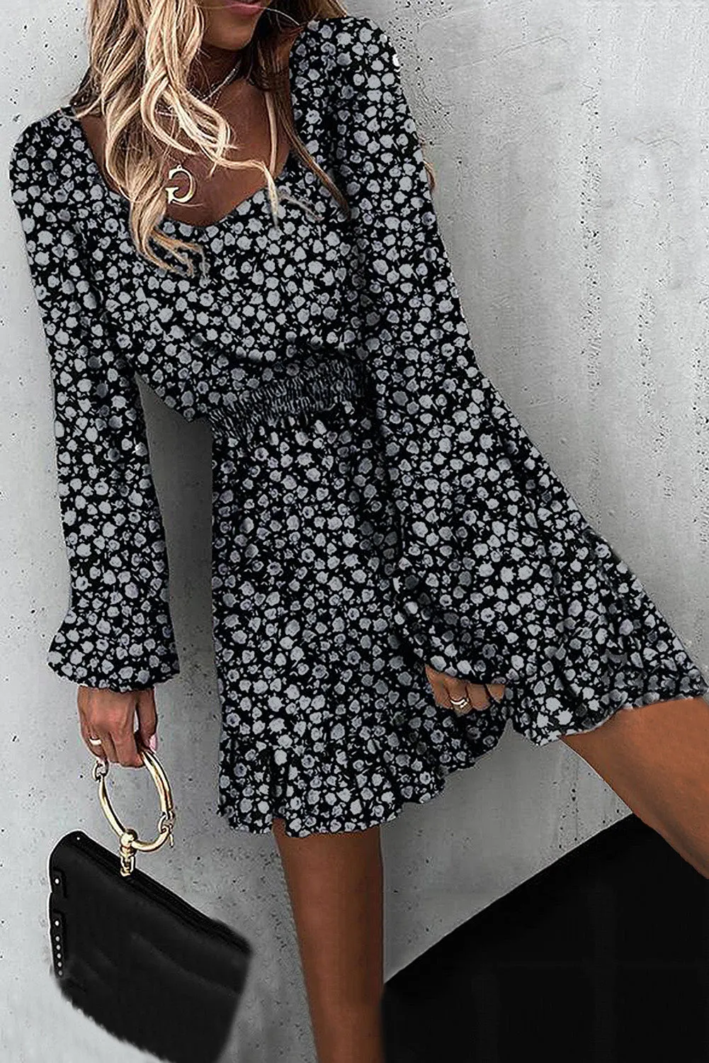 Classic Elastic Waist Ruffled Floral Dress