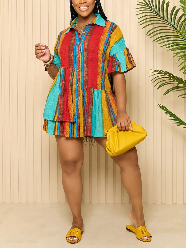 Color Block Ruffle Shirt Dress