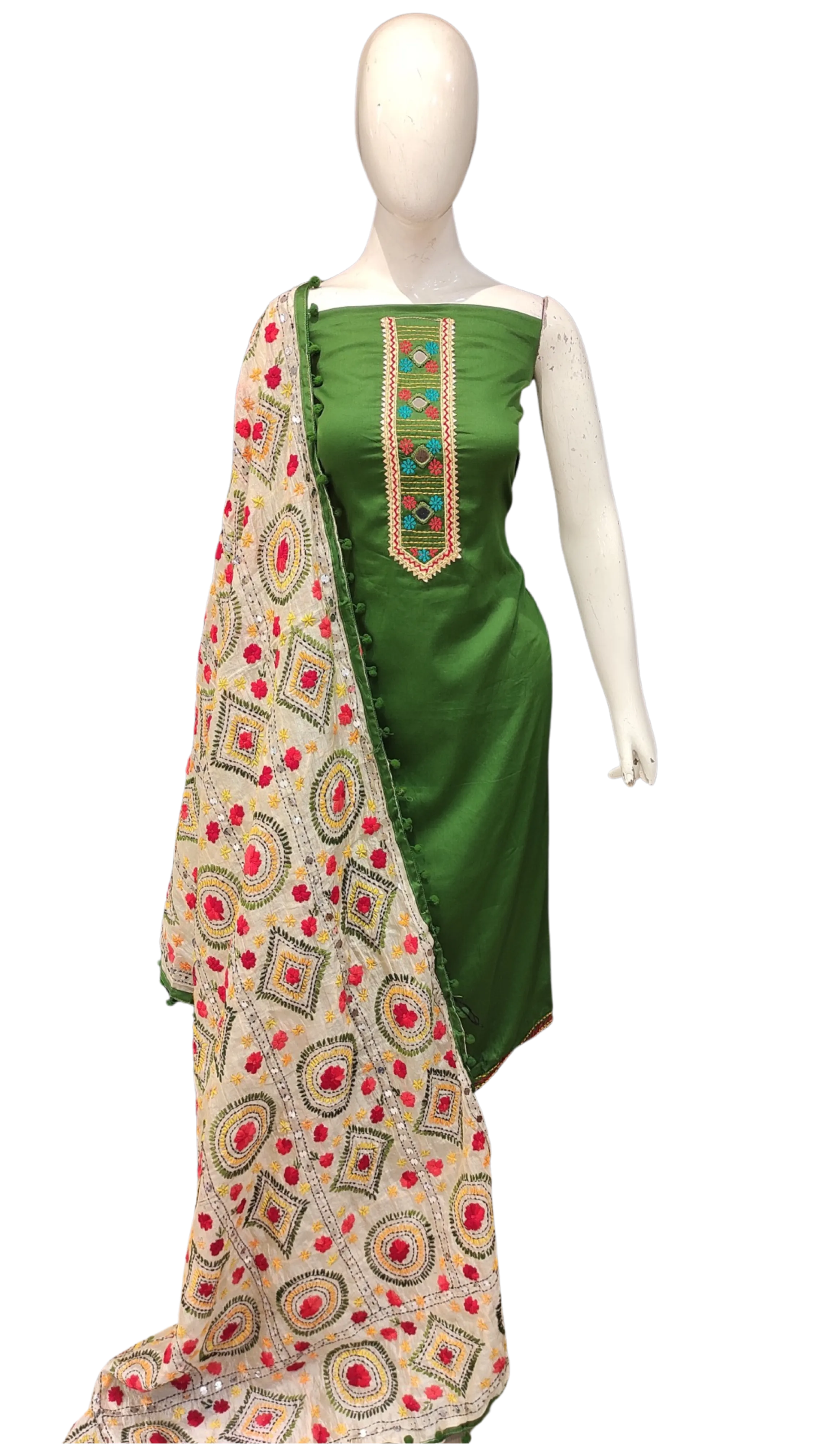 Cotton Unstitched Suit with Phulkari Dupatta