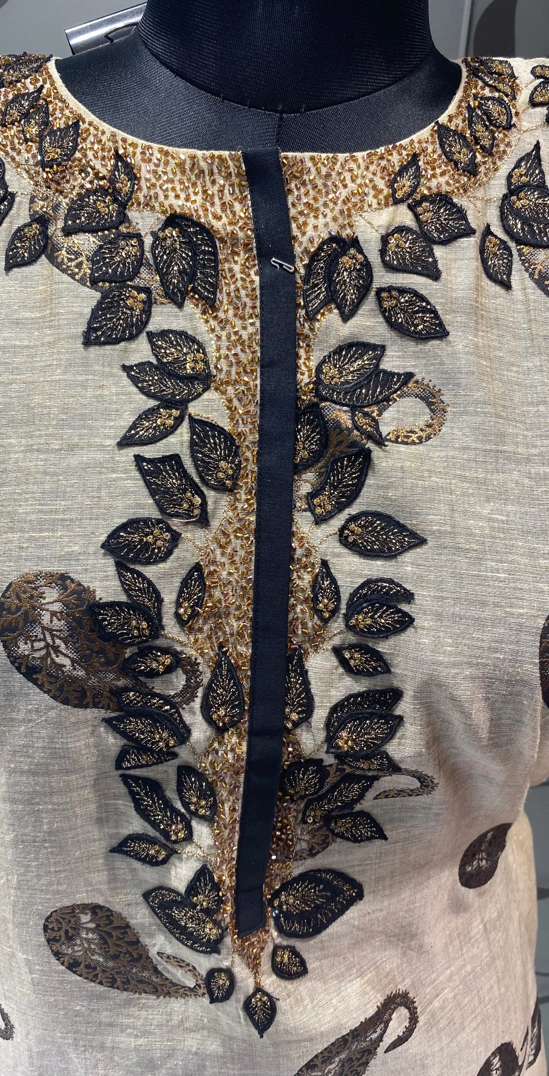 Cream Tussar Silk Printed Unstitched Suit With Cutdana Work