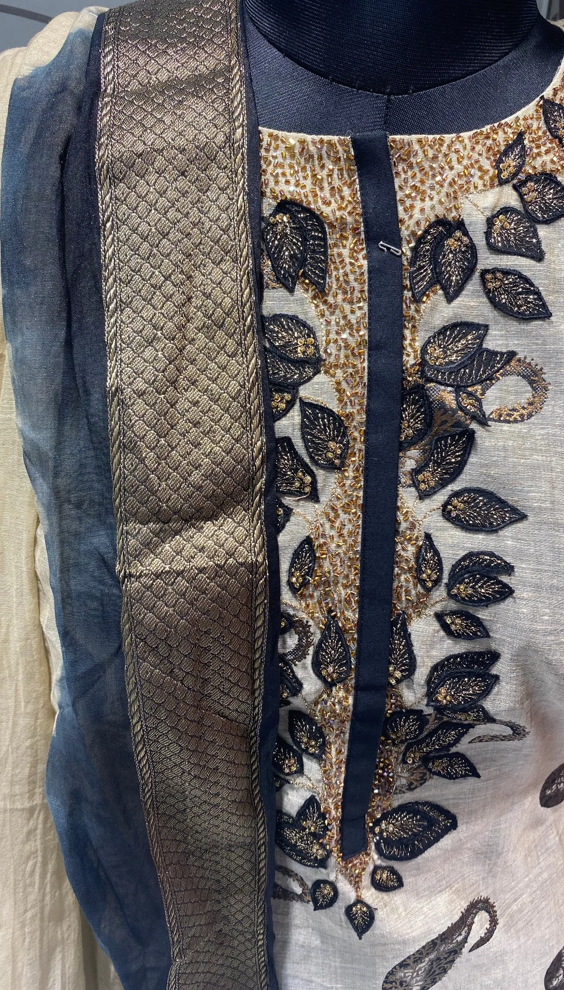 Cream Tussar Silk Printed Unstitched Suit With Cutdana Work