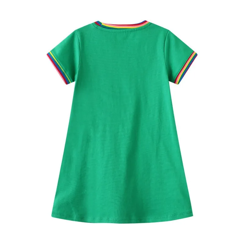 Cute Cats Pattern Green Short Sleeve Little Cute Girls Summer Tutu Dress