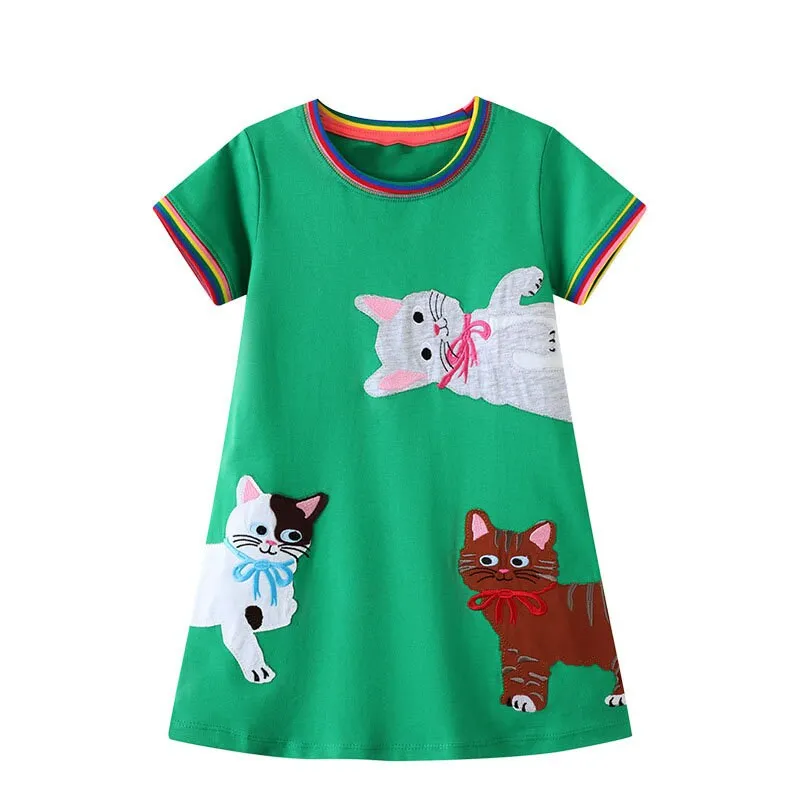 Cute Cats Pattern Green Short Sleeve Little Cute Girls Summer Tutu Dress