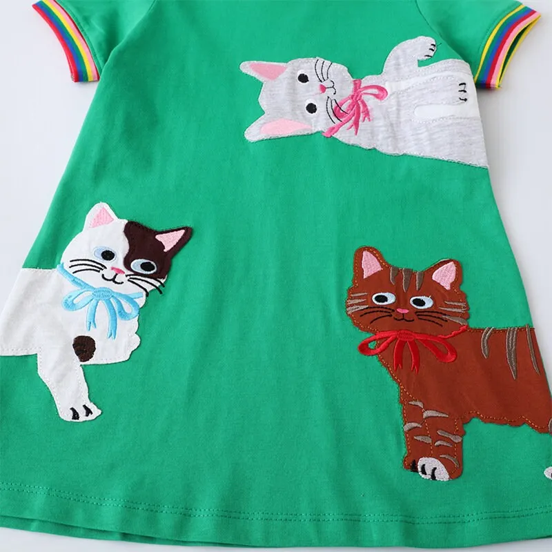 Cute Cats Pattern Green Short Sleeve Little Cute Girls Summer Tutu Dress