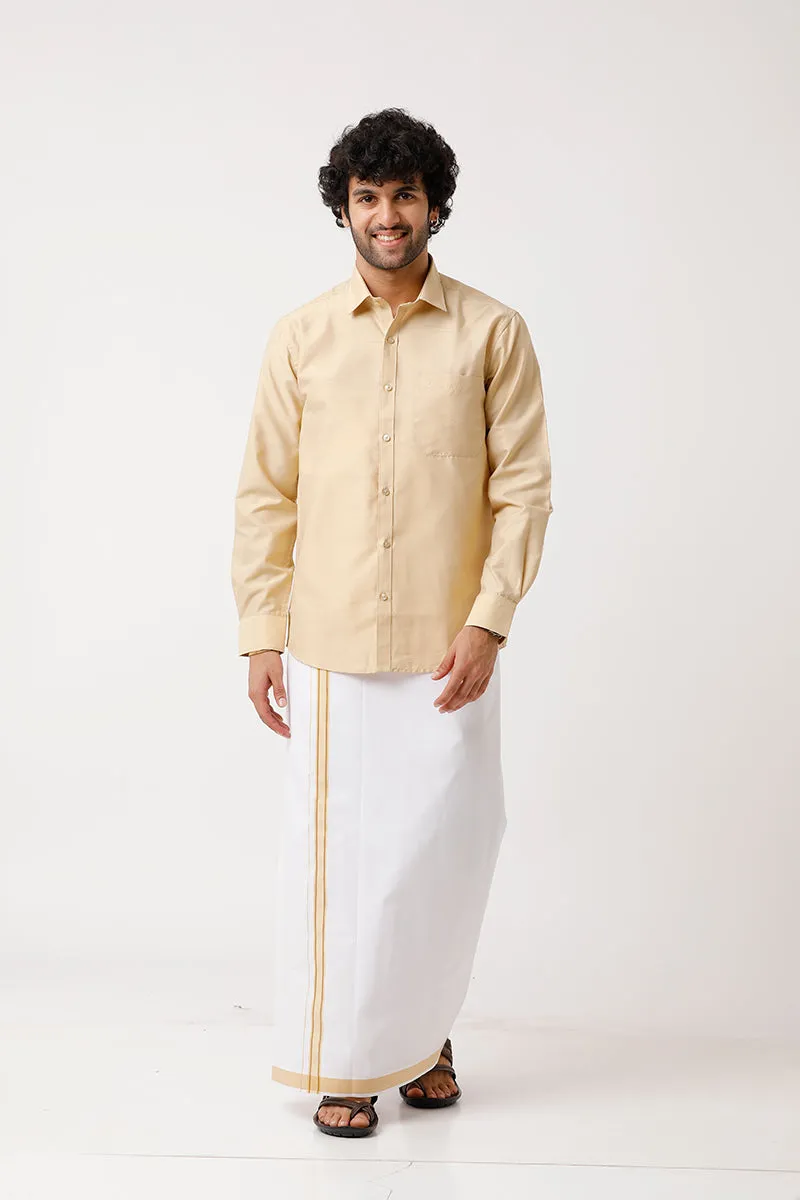 Divine - Flaxen Sandal Matching Shirt and Dhoti Set For Men | Uathayam