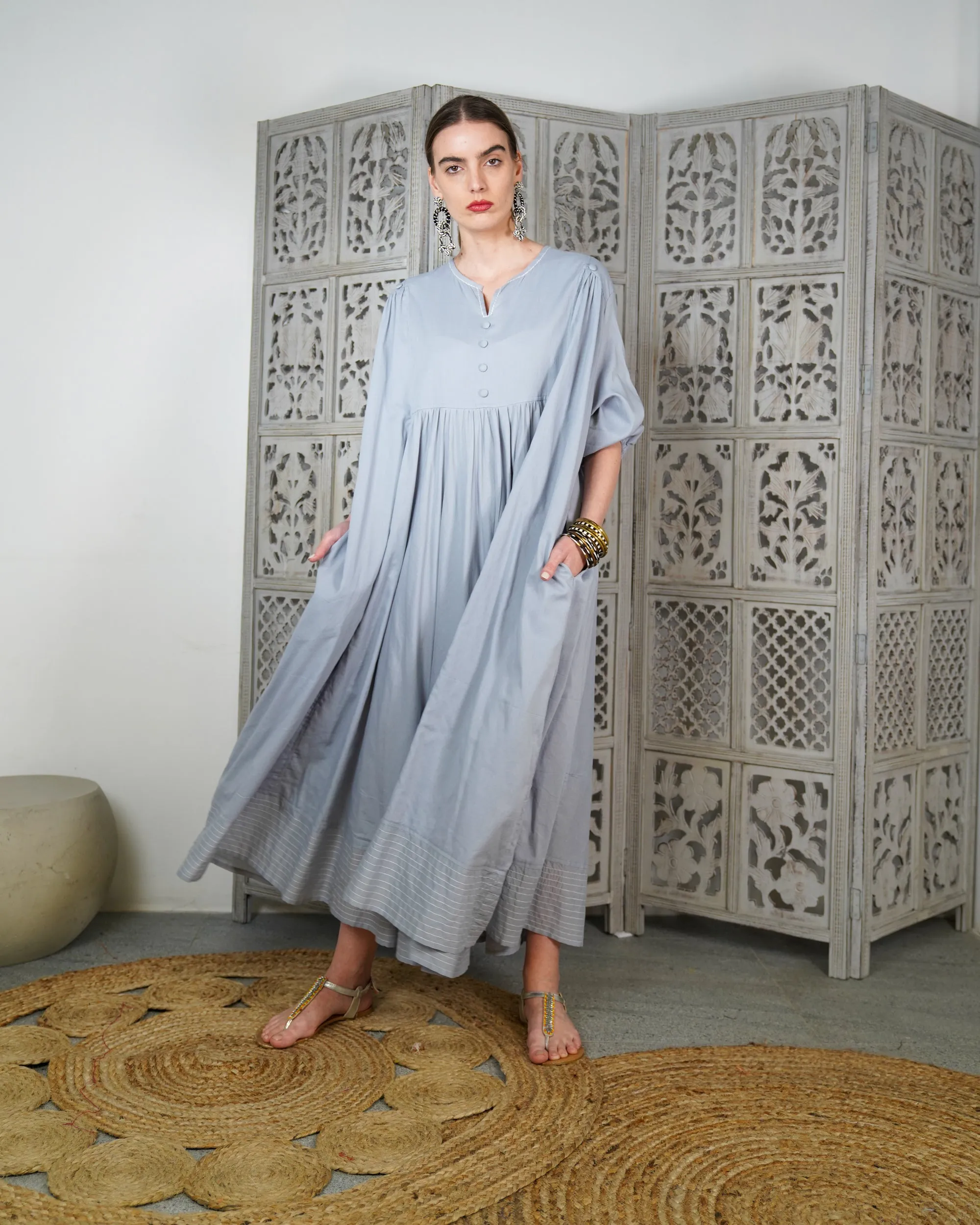 Embroidered v-neck with buttons and klosh design waist gathered with half quarter sleeves cotton kaftan 2616 - قفطان