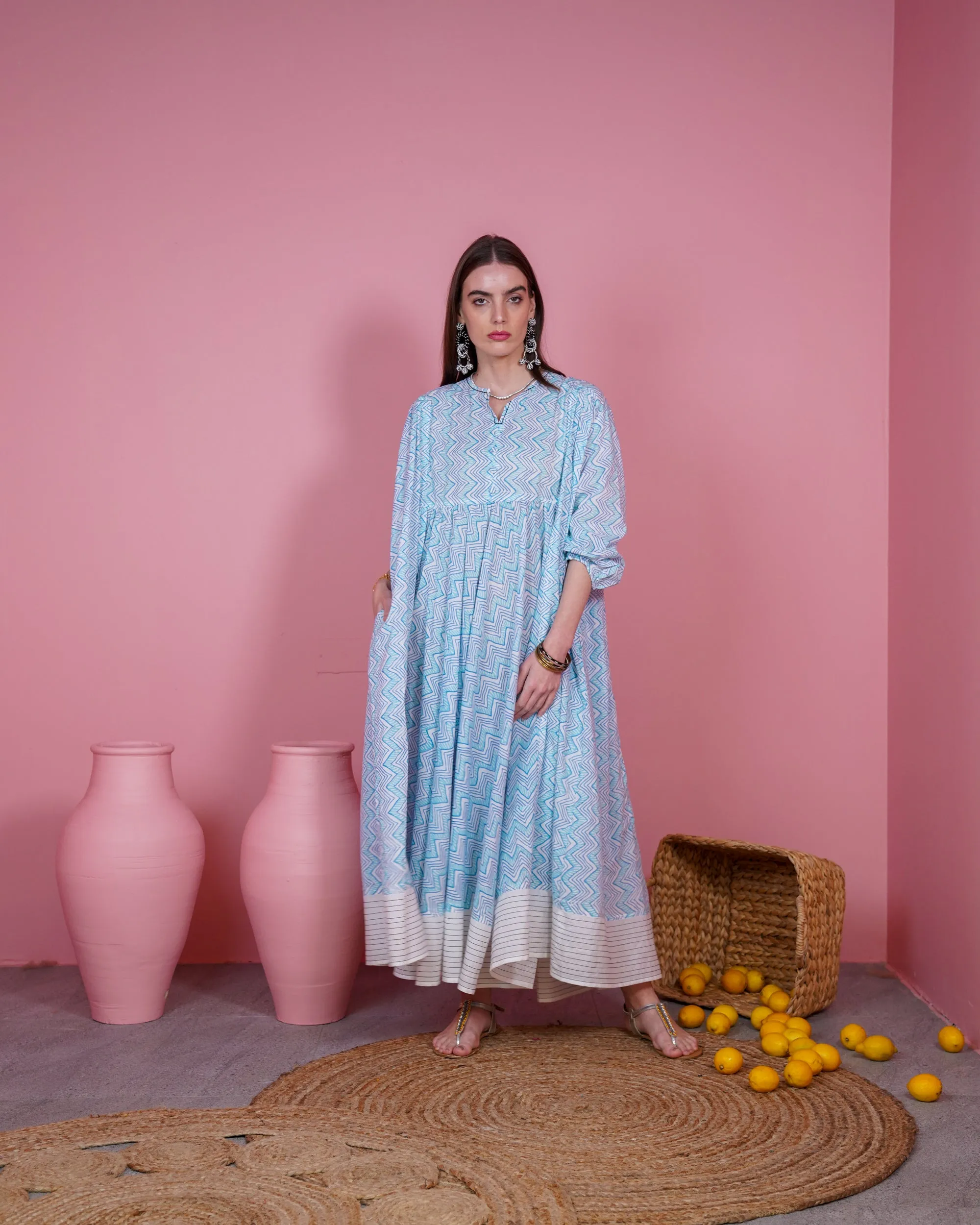 Embroidered v-neck with buttons and klosh design waist gathered with half quarter sleeves cotton kaftan 2616 - قفطان