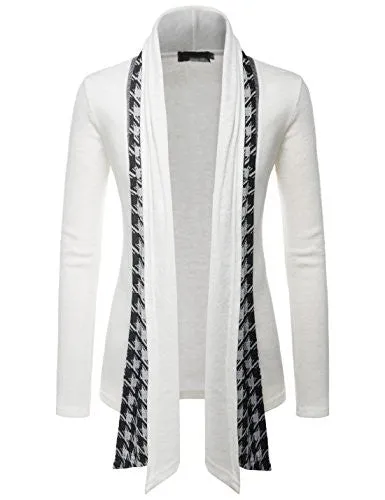 (GD92) Slim Fit Hound tooth Check Open Front Shawl Collar Stylish Wool Cardigan WHITE US L(Tag size 2XL)