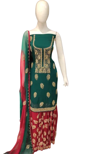 Georgette Unstitched Suit with Hand Work,Cutdana and Mirror Work with Stitched Sharara