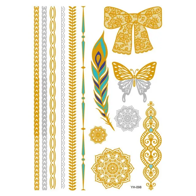 Gold Metallic Temporary Tattoos Feathers Mandalas Sun Moon Star Aztec Butterflies Flowers Elephant 41 Different Styles! You Choose Body Jewelry For Festivals & Beach Wear As Bracelets Upper Arm Bands Necklaces Rings