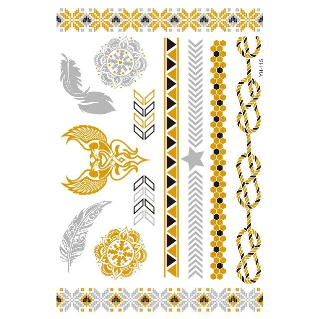 Gold Metallic Temporary Tattoos Feathers Mandalas Sun Moon Star Aztec Butterflies Flowers Elephant 41 Different Styles! You Choose Body Jewelry For Festivals & Beach Wear As Bracelets Upper Arm Bands Necklaces Rings