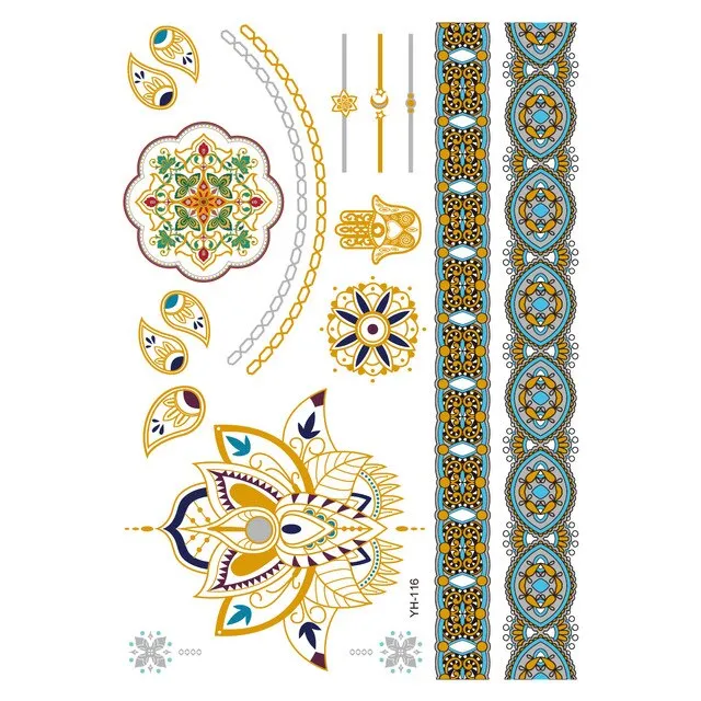 Gold Metallic Temporary Tattoos Feathers Mandalas Sun Moon Star Aztec Butterflies Flowers Elephant 41 Different Styles! You Choose Body Jewelry For Festivals & Beach Wear As Bracelets Upper Arm Bands Necklaces Rings