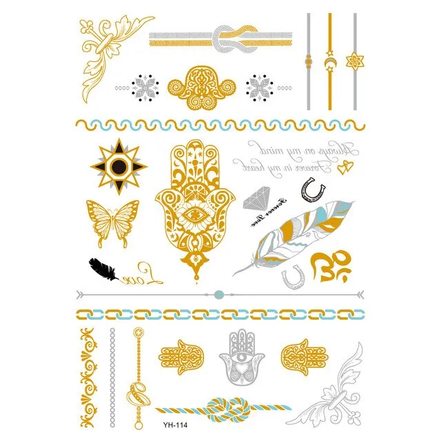 Gold Metallic Temporary Tattoos Feathers Mandalas Sun Moon Star Aztec Butterflies Flowers Elephant 41 Different Styles! You Choose Body Jewelry For Festivals & Beach Wear As Bracelets Upper Arm Bands Necklaces Rings