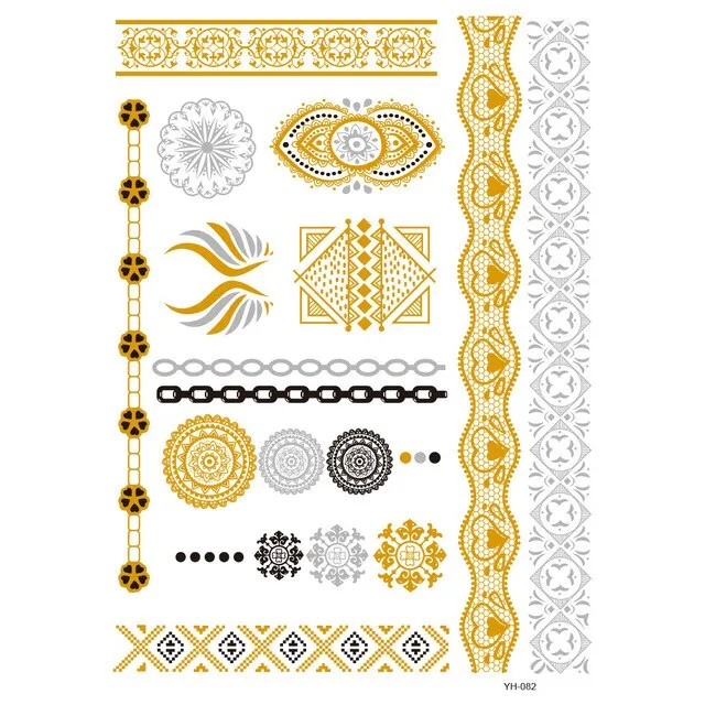 Gold Metallic Temporary Tattoos Feathers Mandalas Sun Moon Star Aztec Butterflies Flowers Elephant 41 Different Styles! You Choose Body Jewelry For Festivals & Beach Wear As Bracelets Upper Arm Bands Necklaces Rings