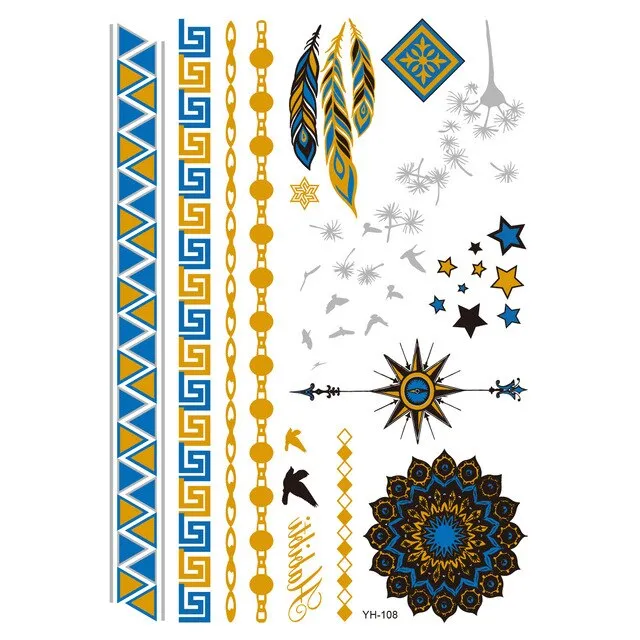 Gold Metallic Temporary Tattoos Feathers Mandalas Sun Moon Star Aztec Butterflies Flowers Elephant 41 Different Styles! You Choose Body Jewelry For Festivals & Beach Wear As Bracelets Upper Arm Bands Necklaces Rings