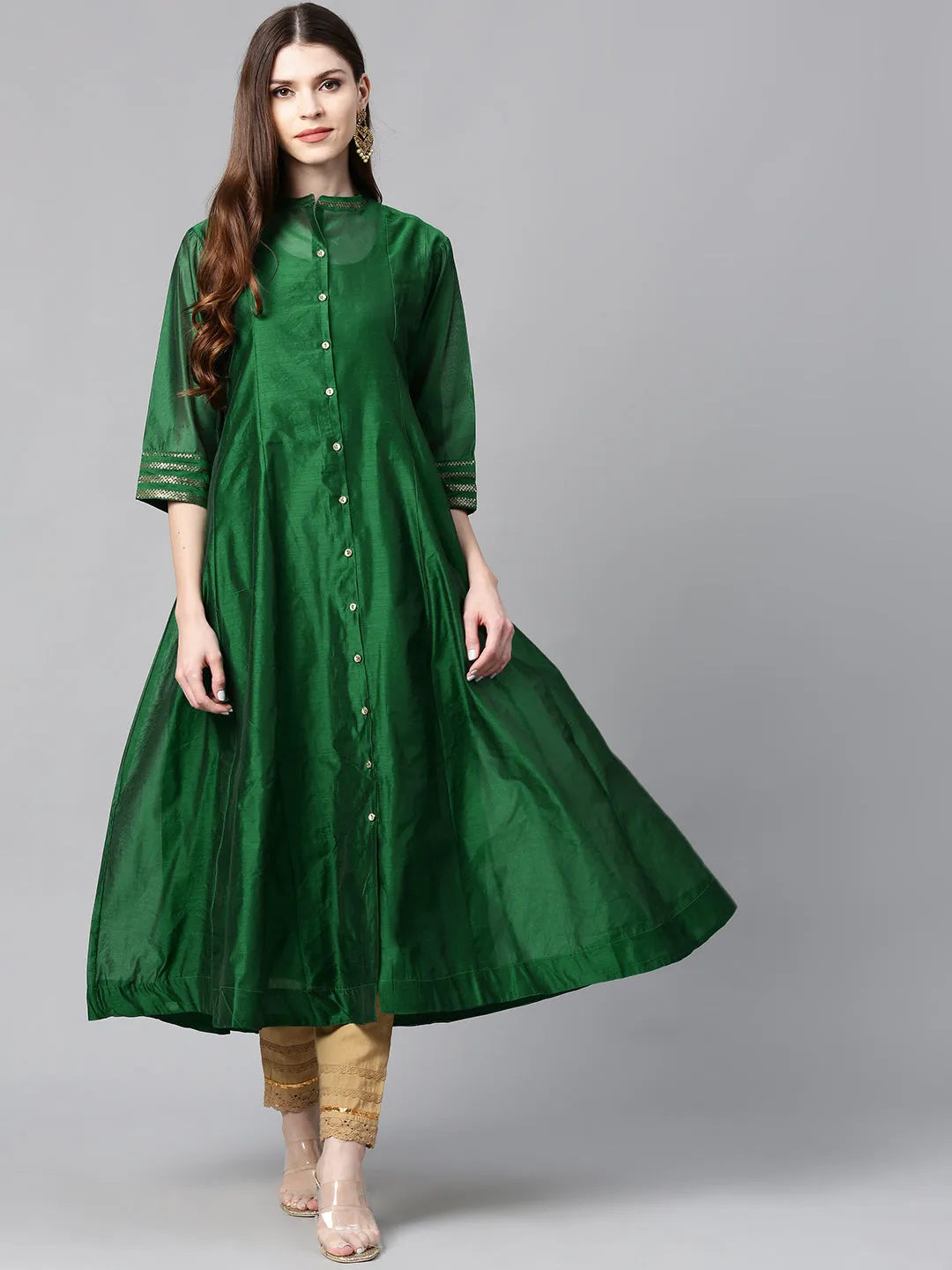 Juniper Jade Green Solid Chanderi Kalidar A-line Women Kurta With Buttons