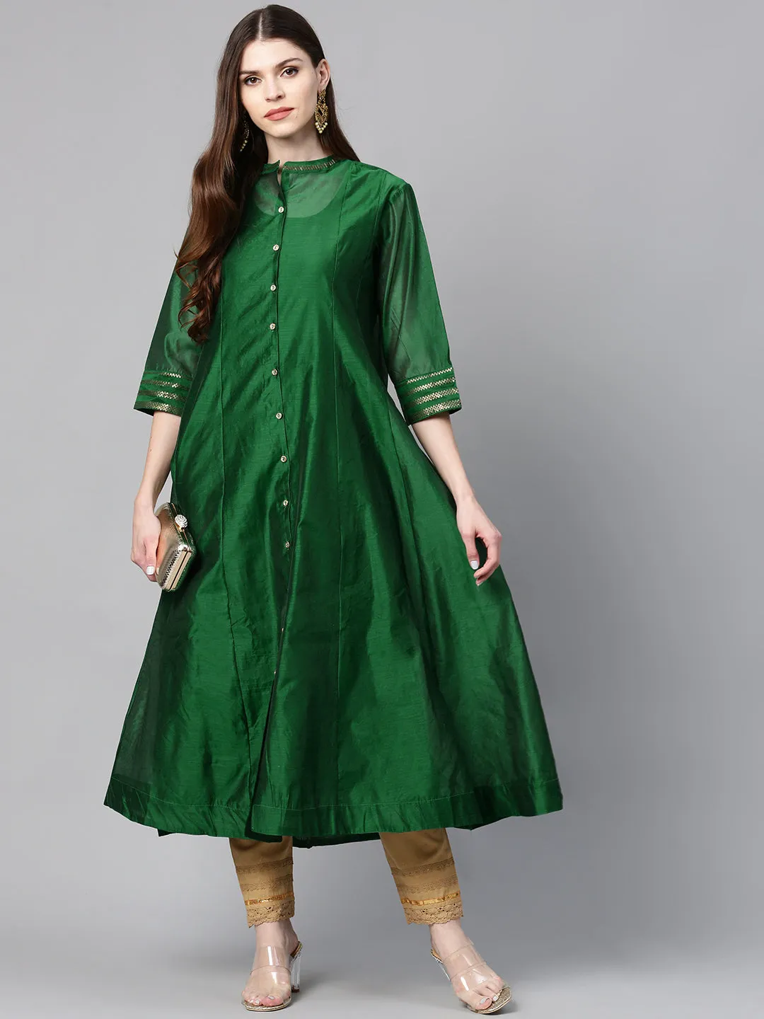 Juniper Jade Green Solid Chanderi Kalidar A-line Women Kurta With Buttons