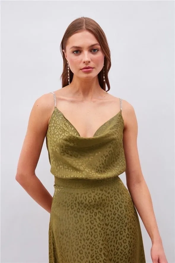 Leopard Cami Top with Diamond Strap - Olive Green