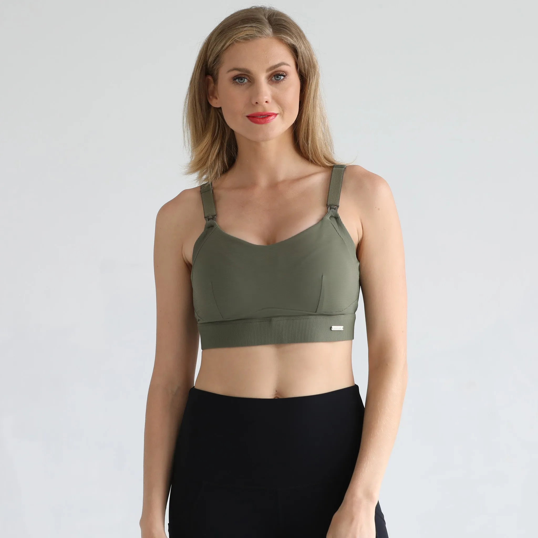 Maeve Run Times Sewn In Cups Nursing & Pumping Sports Bra (Dark Olive)