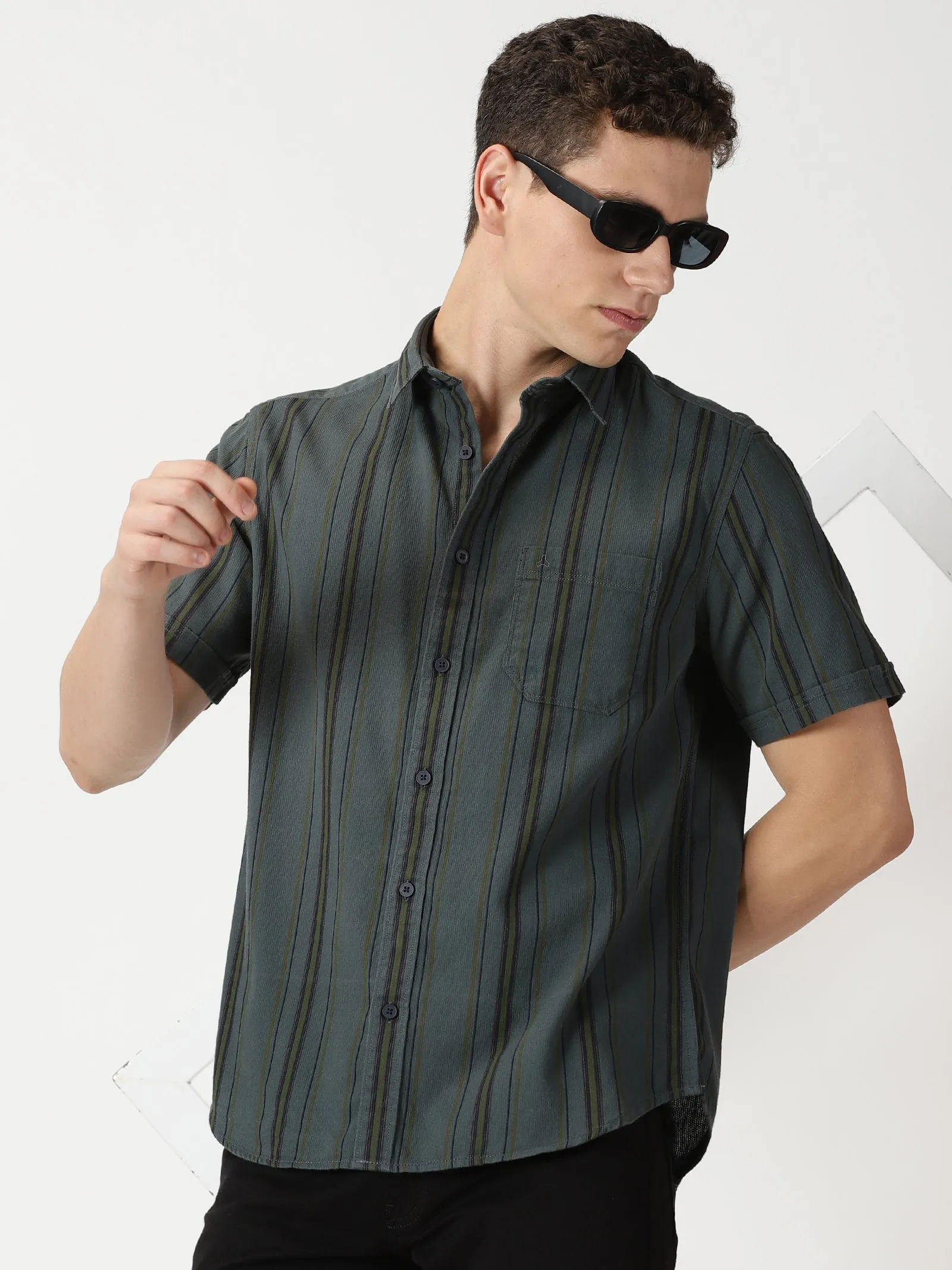 MEN'S DK GREEN STRIPE SLIM FIT SHIRT