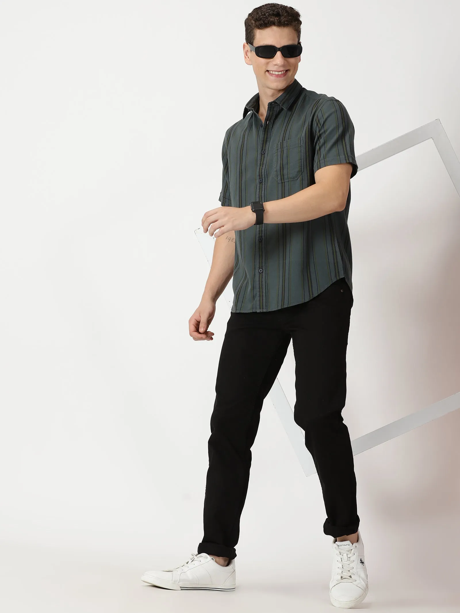 MEN'S DK GREEN STRIPE SLIM FIT SHIRT