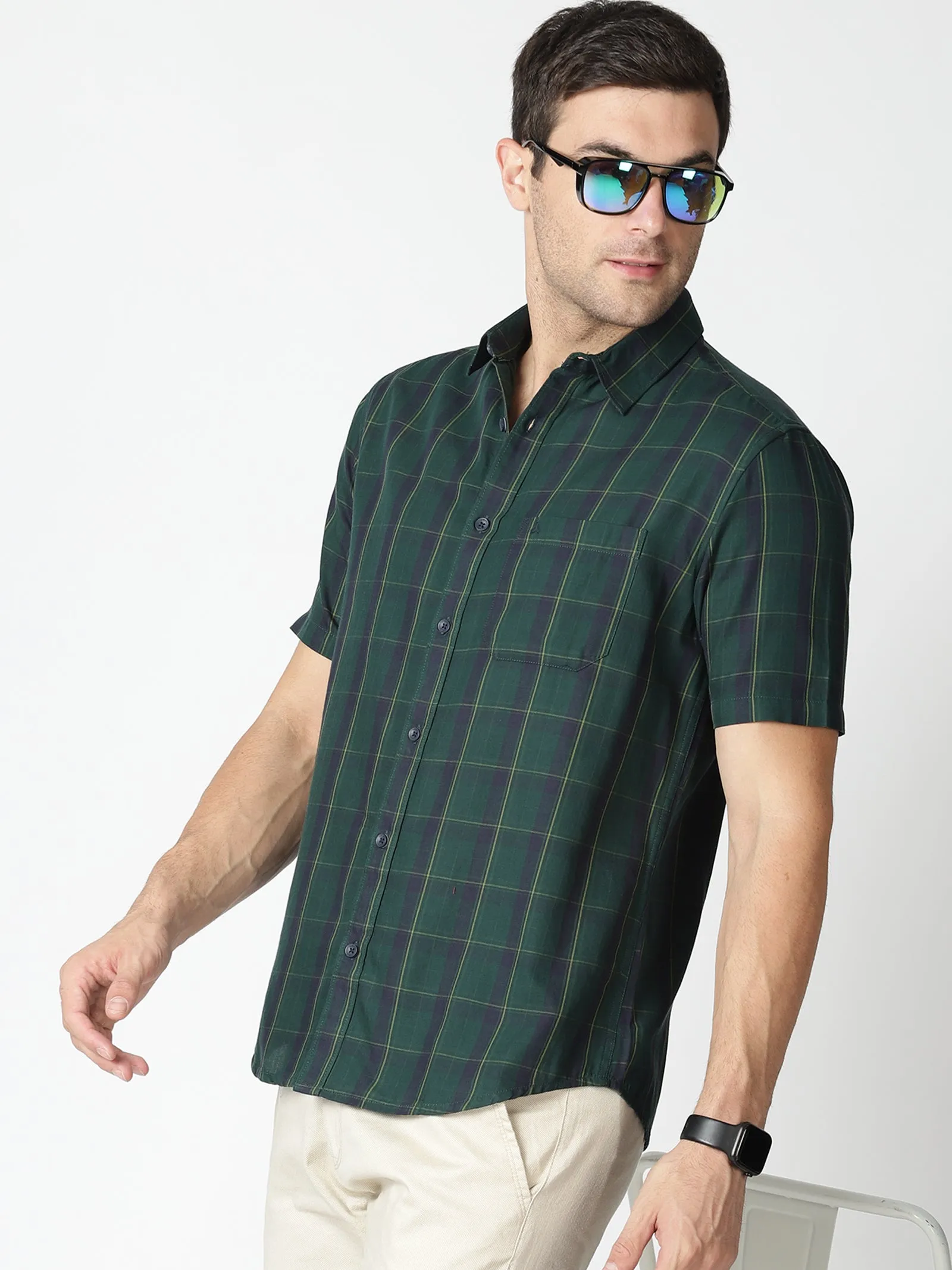 MEN'S GREEN CHECKS SLIM FIT SHIRT