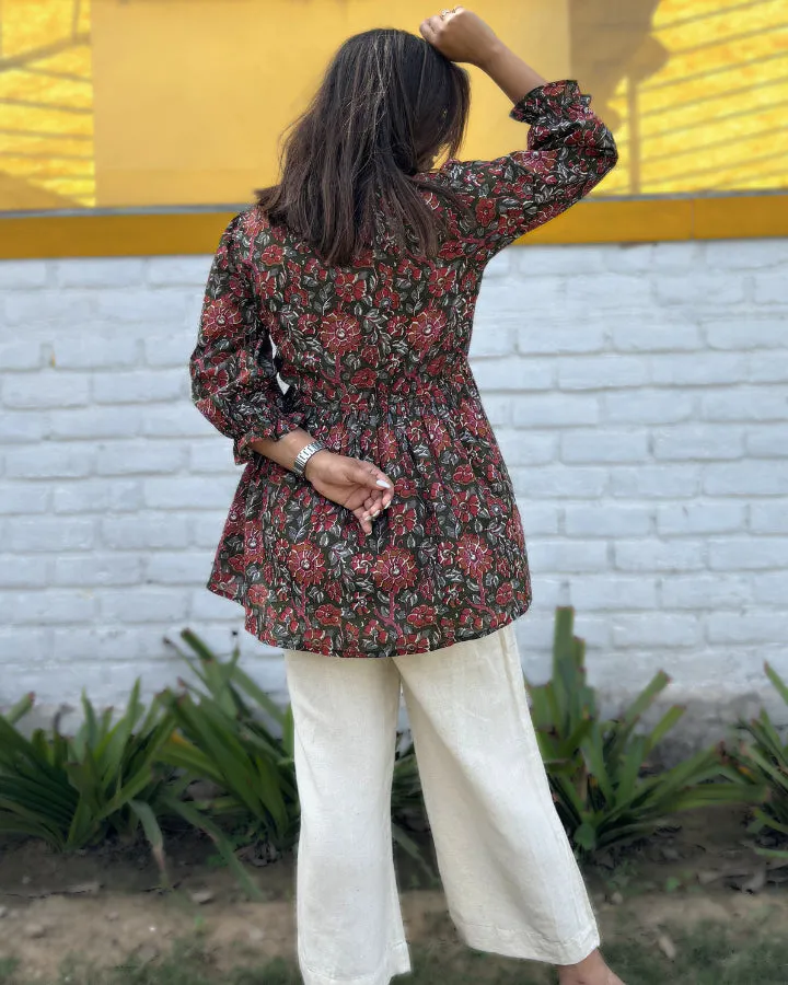 Olive Green Floral Cotton Peplum Top